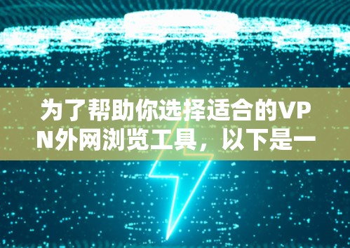 为了帮助你选择适合的VPN外网浏览工具,以下是一个结构化的总结,基于你的需求和考虑因素 为了帮助你选择适合的VPN外网浏览工具,以下是一个结构化的总结,基于你的需求和考虑因素